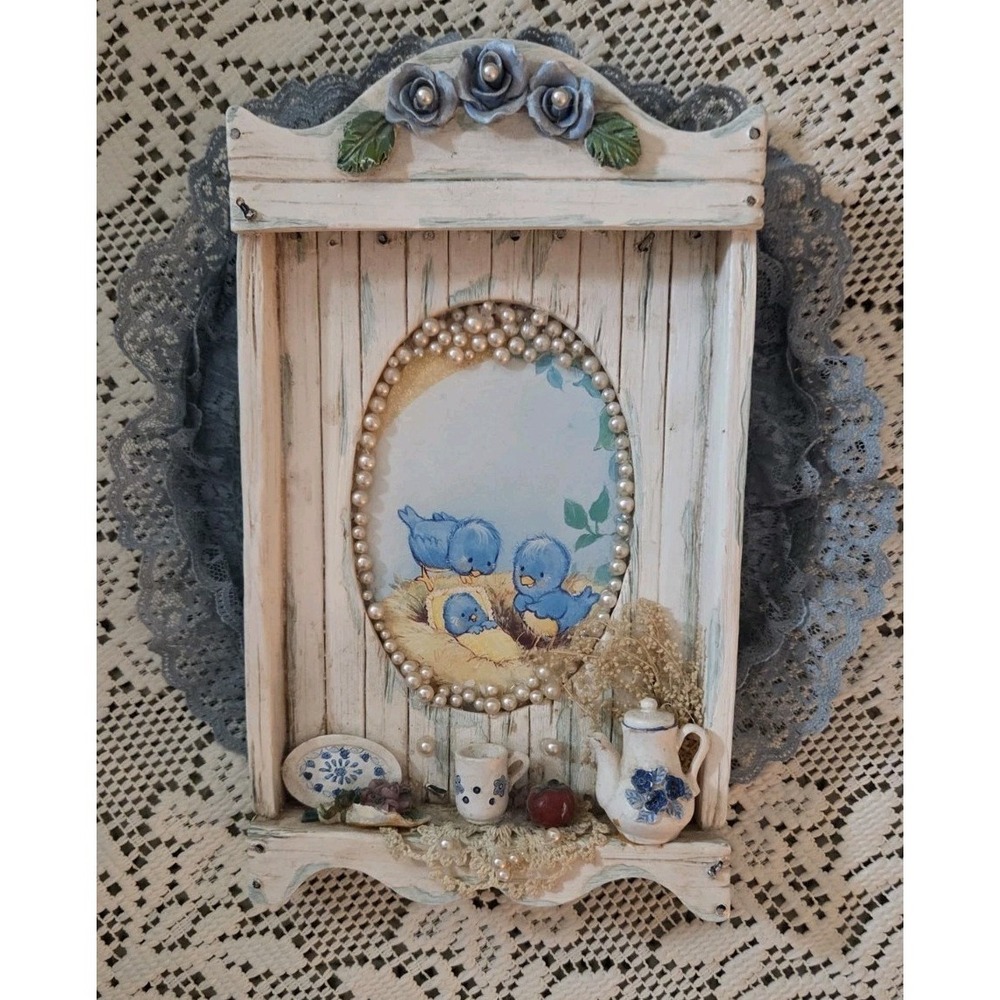 Vintage Wall Art FramedPicture W Baby Blue Birds Lace Faux Pearls Cottage Cute
